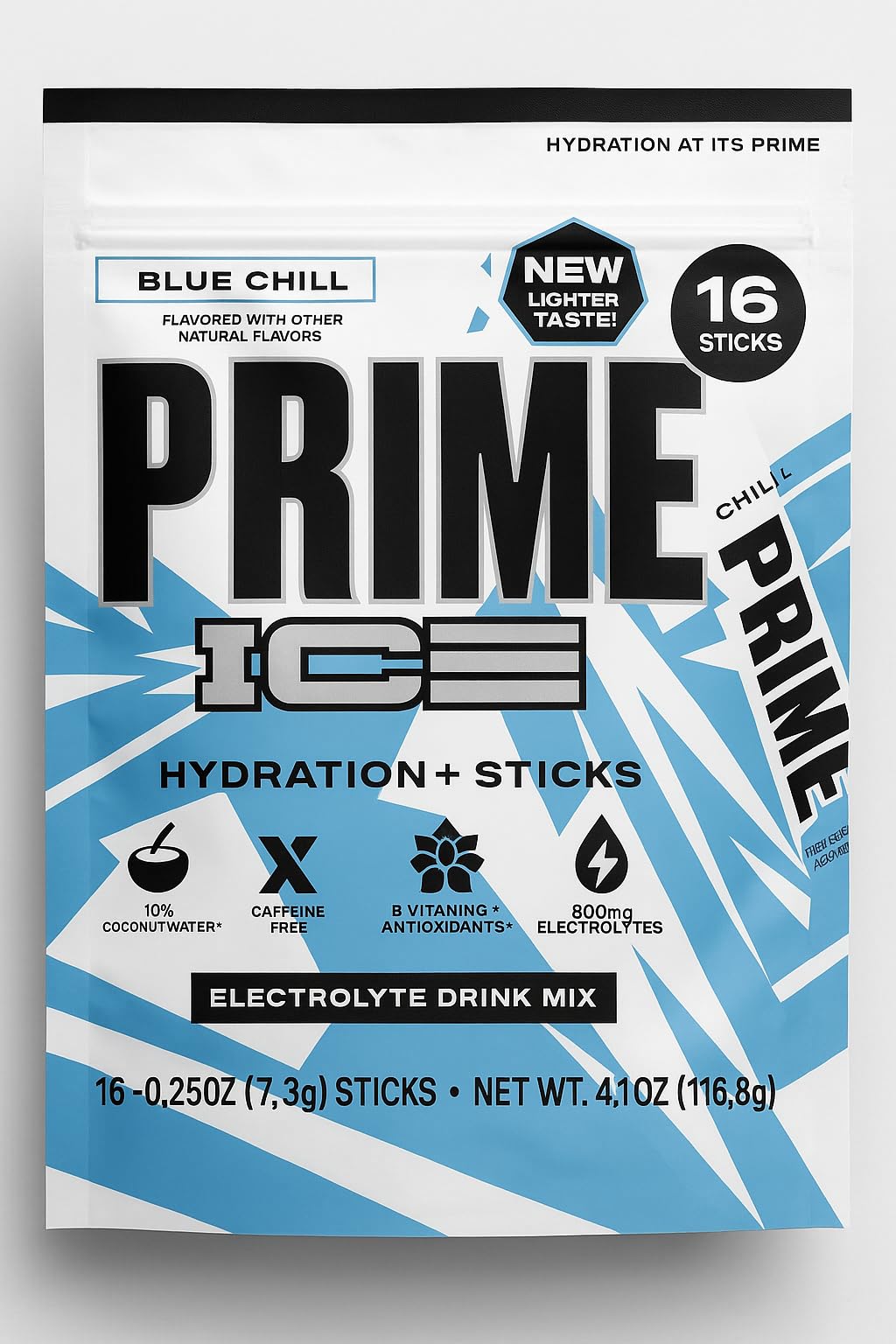PRIME HYDRATION ICE Sticks pack front for on-the-go hydration with zero added sugar.