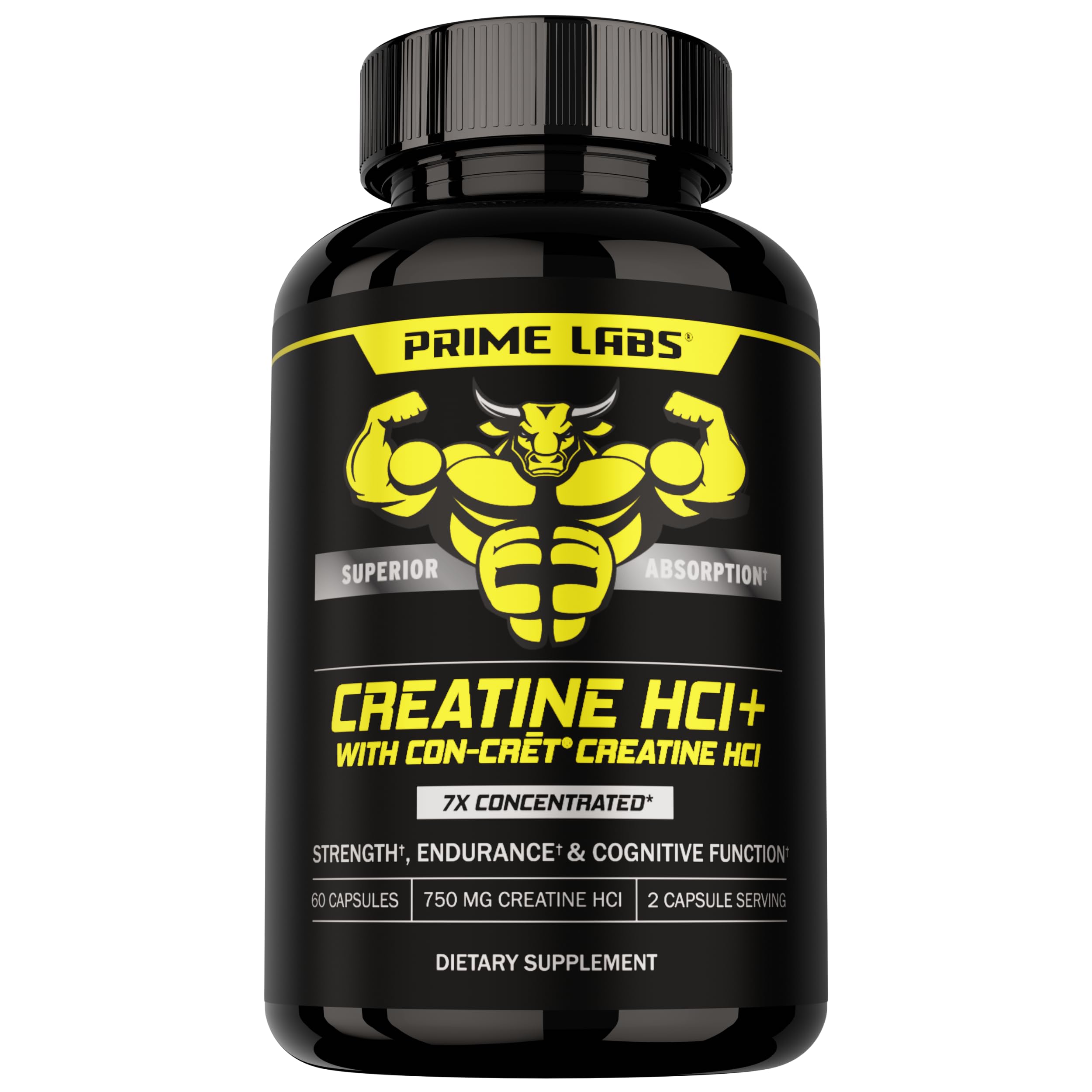 Prime Labs Creatine HCl bottle promotes clean strength with rapid absorption for workouts.