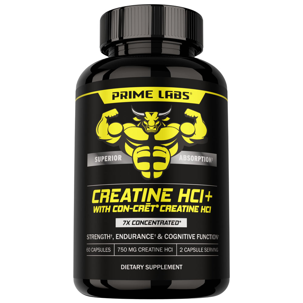 Prime Labs Creatine HCl bottle promotes clean strength with rapid absorption for workouts.