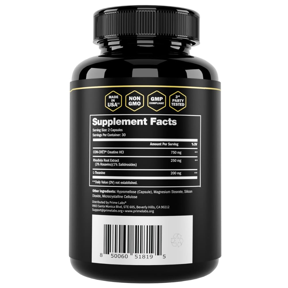 Prime Labs Creatine HCl endurance support imagery hints at longer training sessions.