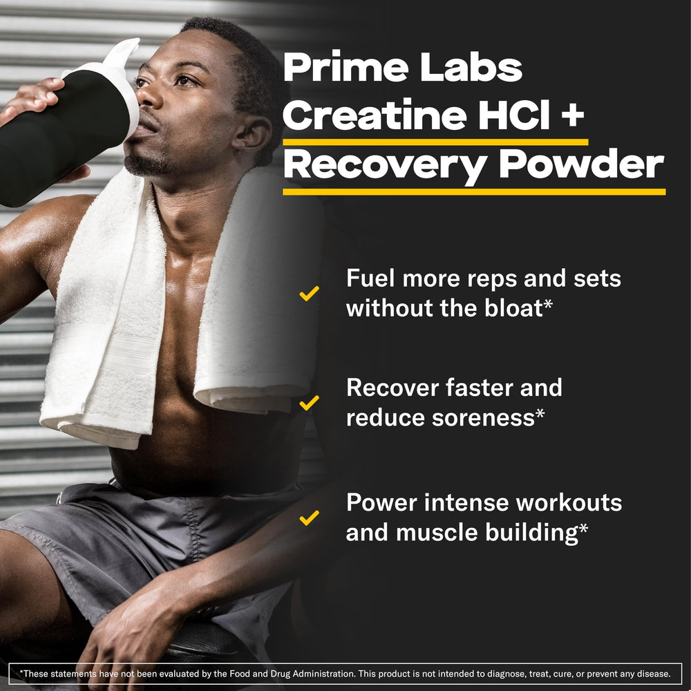 Prime Labs Creatine HCl powder scoop dissolving quickly for fast-absorbing strength.