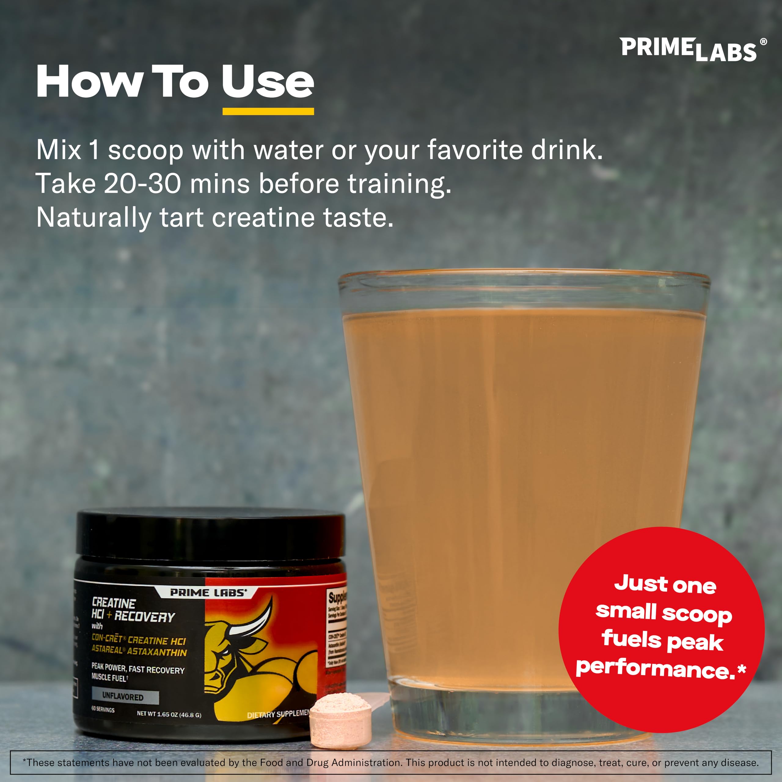 Powder stirred in water shows tart flavor versatility with Prime Labs formula.