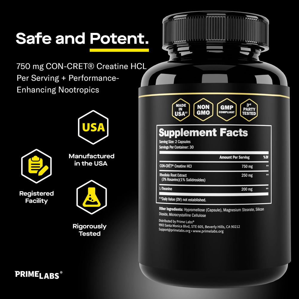 Prime Labs Creatine HCl third-party testing seal signals purity and potency.