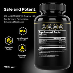 Prime Labs Creatine HCl third-party testing seal signals purity and potency.