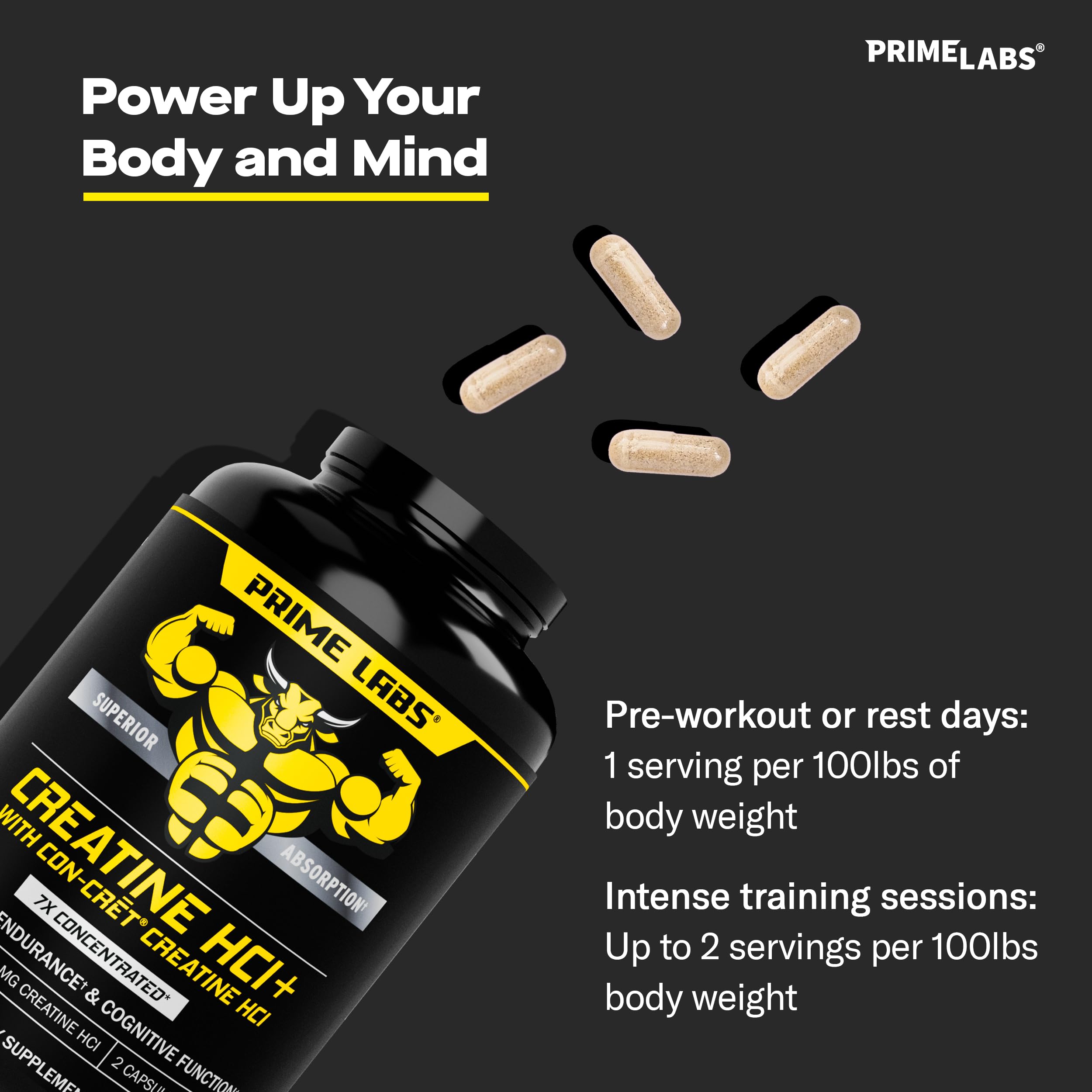 Prime Labs Creatine HCl USA-made facility badge conveys trusted manufacturing standards.
