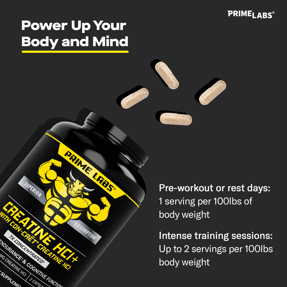 Prime Labs Creatine HCl USA-made facility badge conveys trusted manufacturing standards.