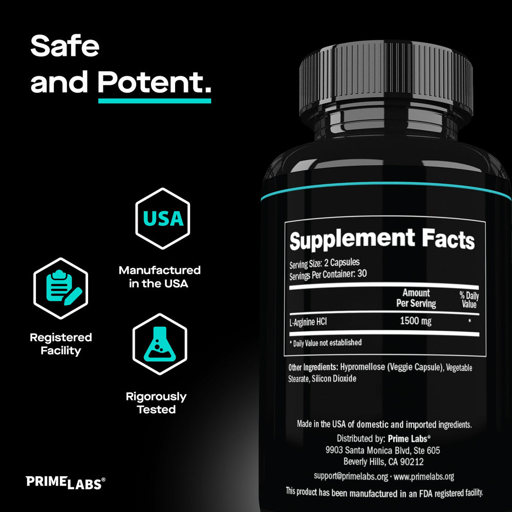 Prime Labs L-Arginine 1500mg athlete during workout with bottle nearby.