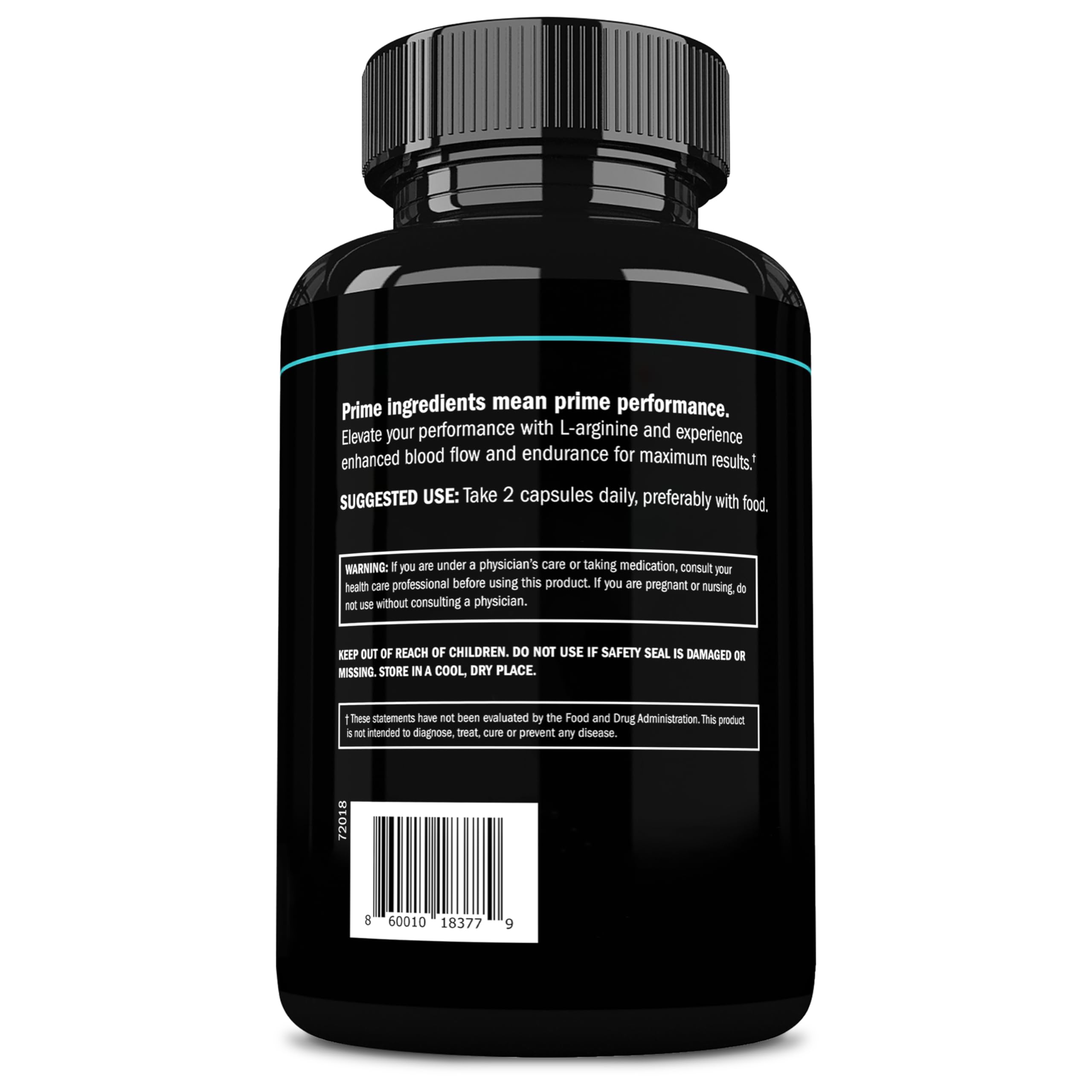 Prime Labs L-Arginine 1500mg bottle beside a glass of water.