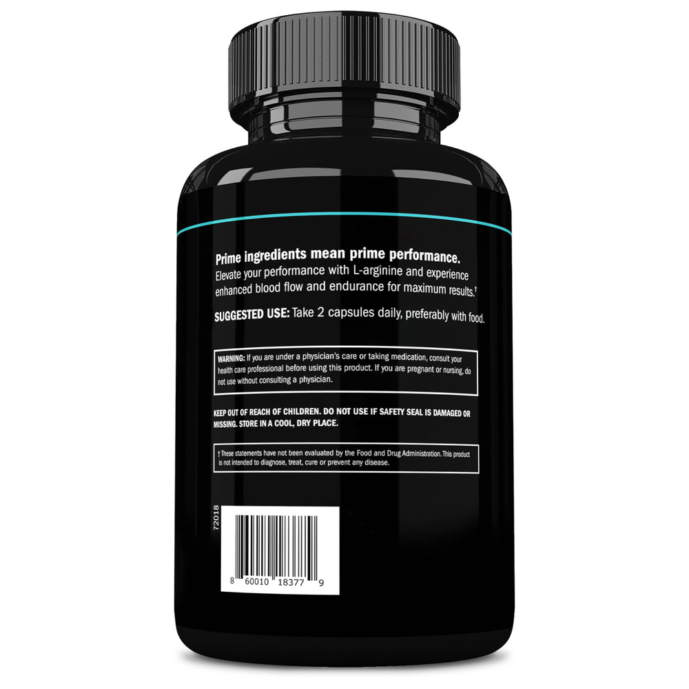 Prime Labs L-Arginine 1500mg bottle beside a glass of water.