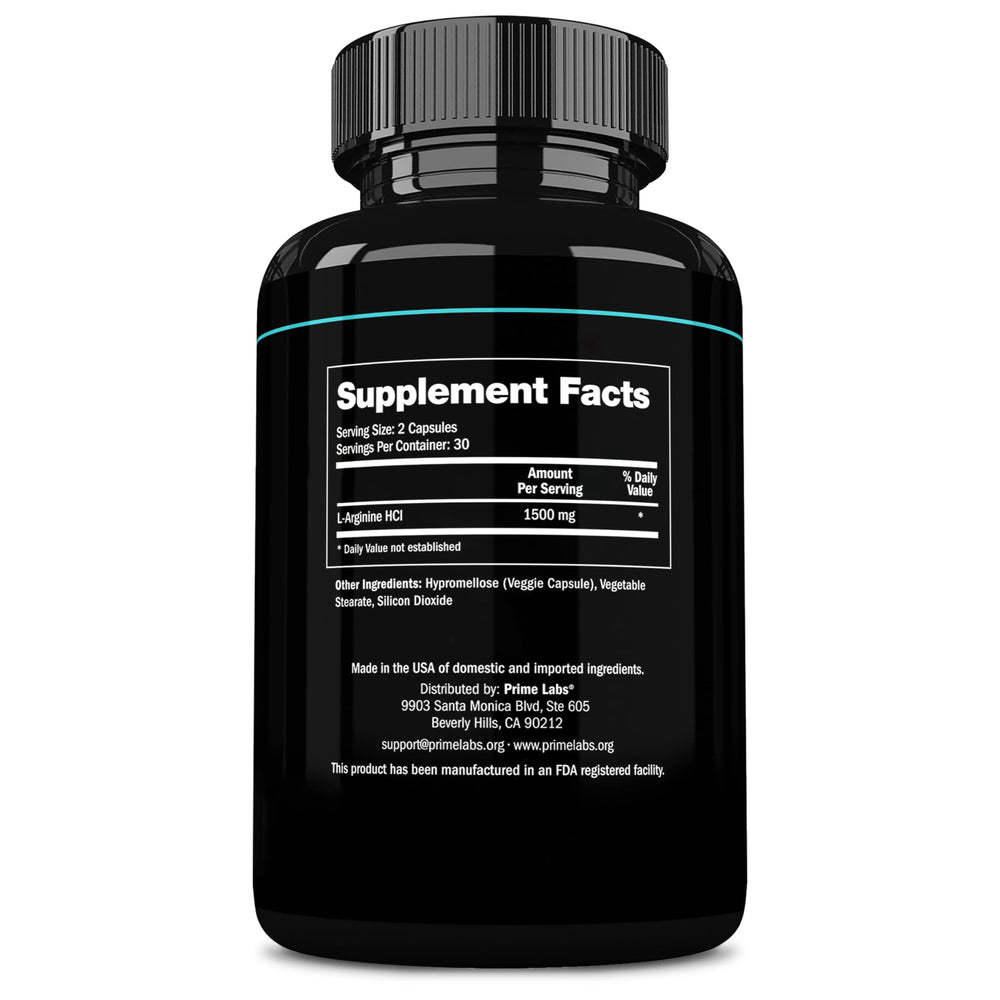 Prime Labs L-Arginine 1500mg supplement on a clean desk setup.