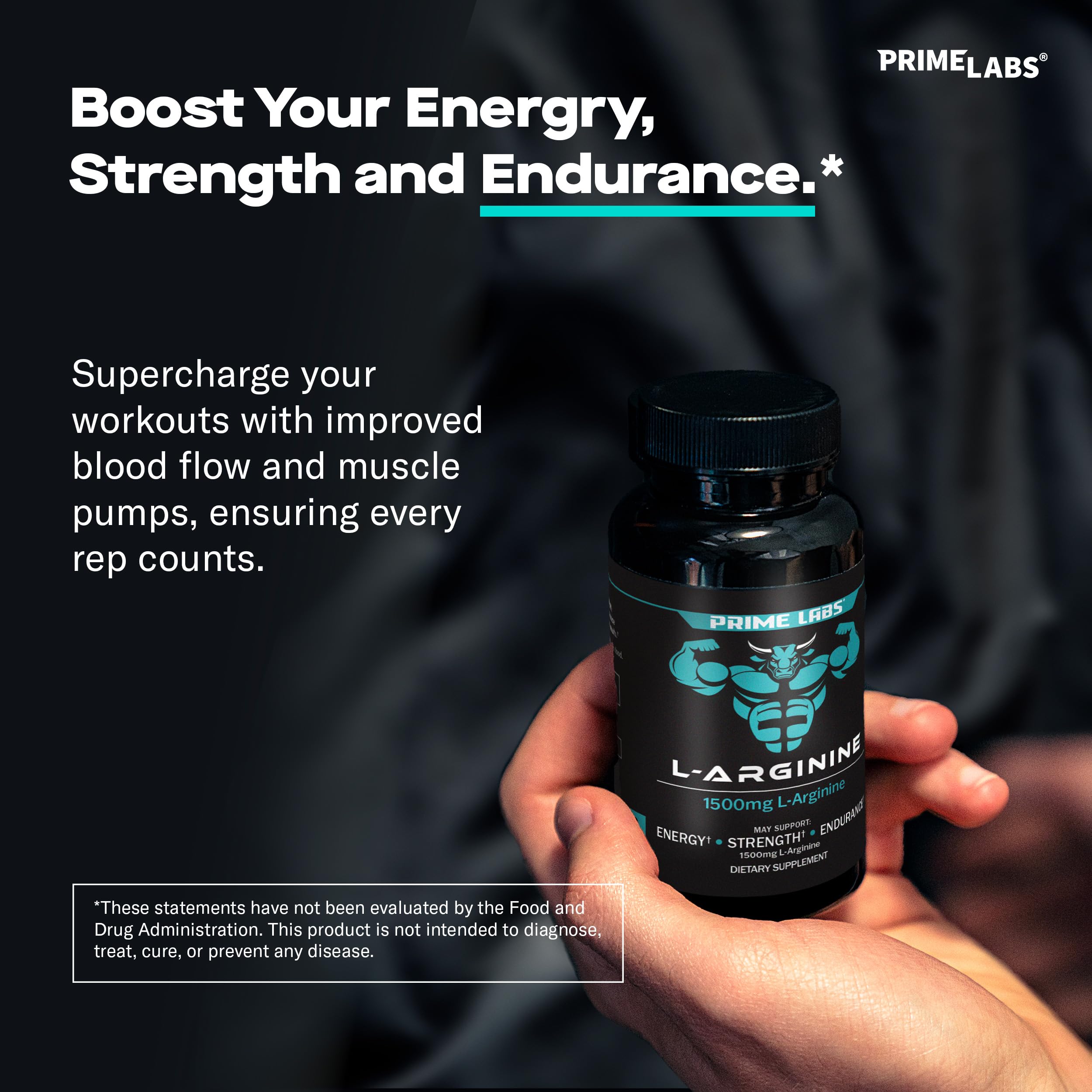 Close-up of Prime Labs L-Arginine 1500mg label showing dosage for performance.
