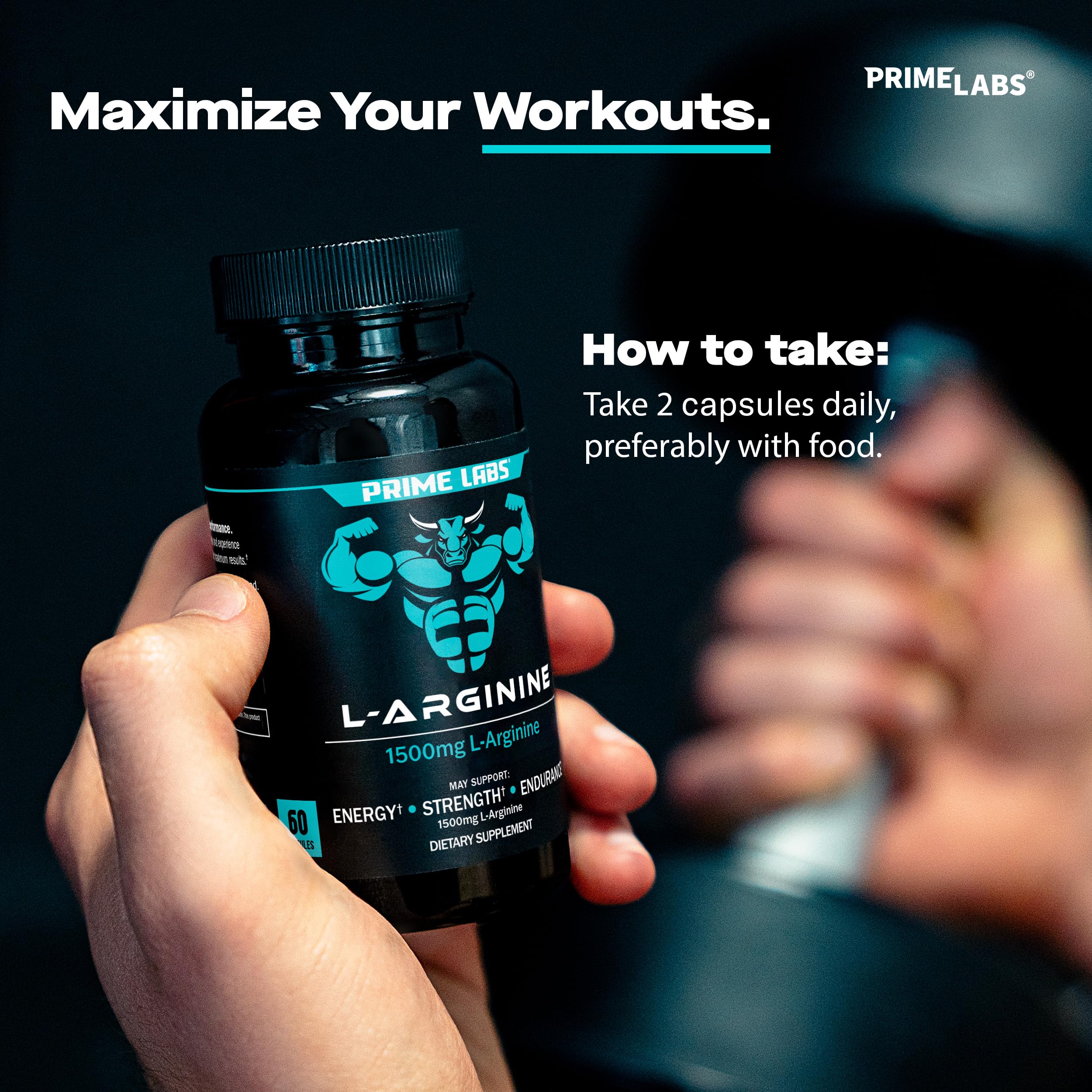 Prime Labs L-Arginine 1500mg packaging display on a store shelf.