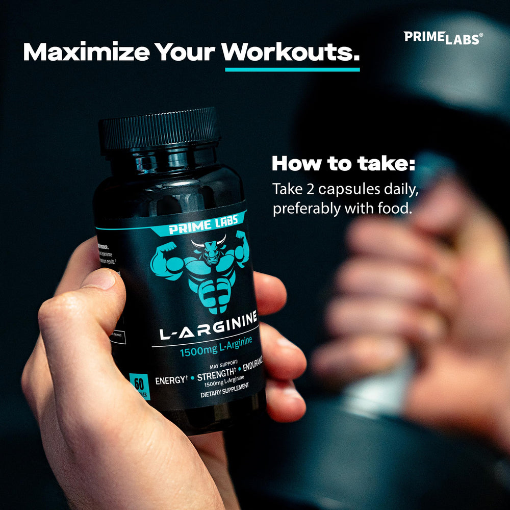 Prime Labs L-Arginine 1500mg packaging display on a store shelf.
