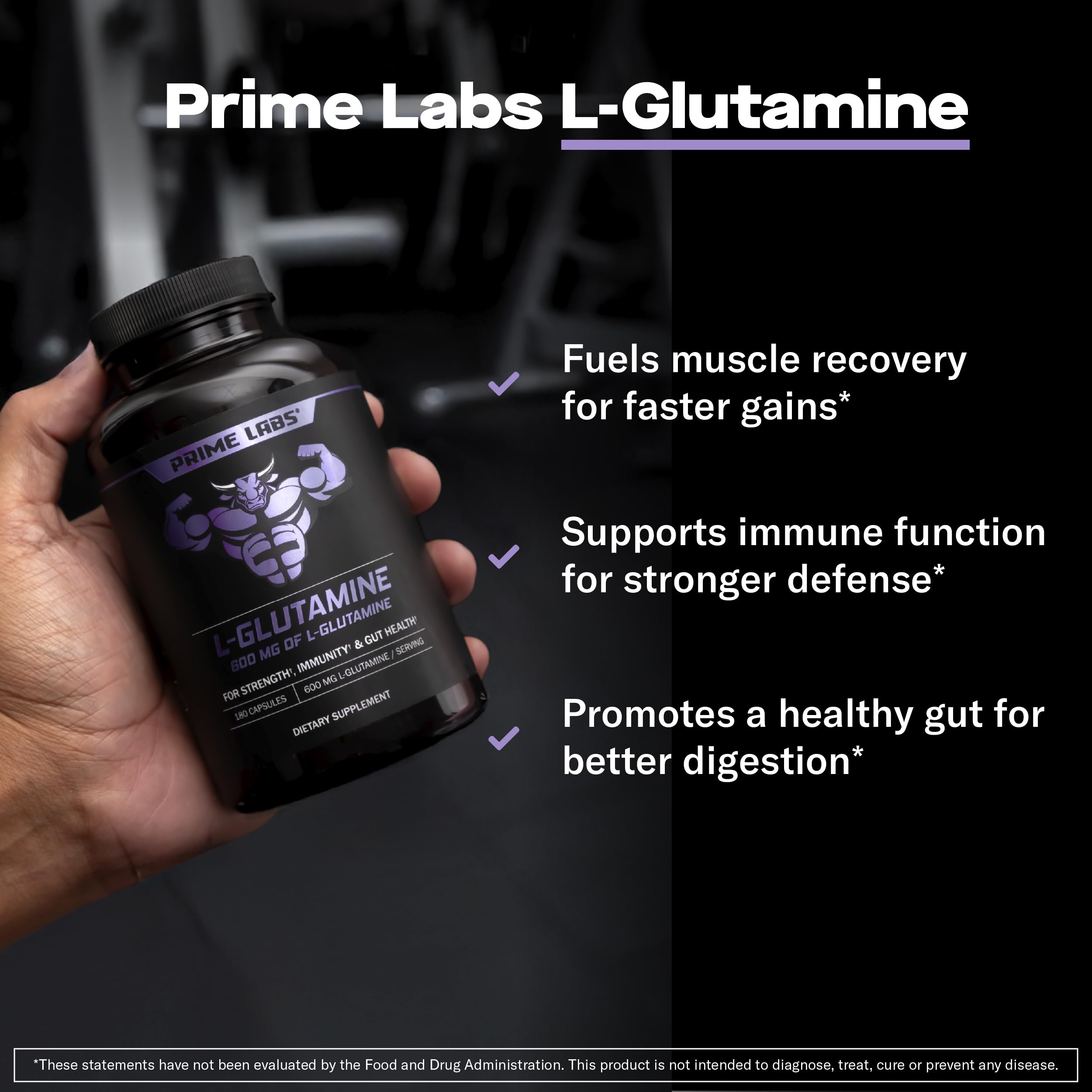Prime Labs L-Glutamine capsules close-up highlighting texture for daily use.
