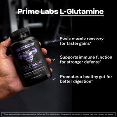 Prime Labs L-Glutamine capsules close-up highlighting texture for daily use.