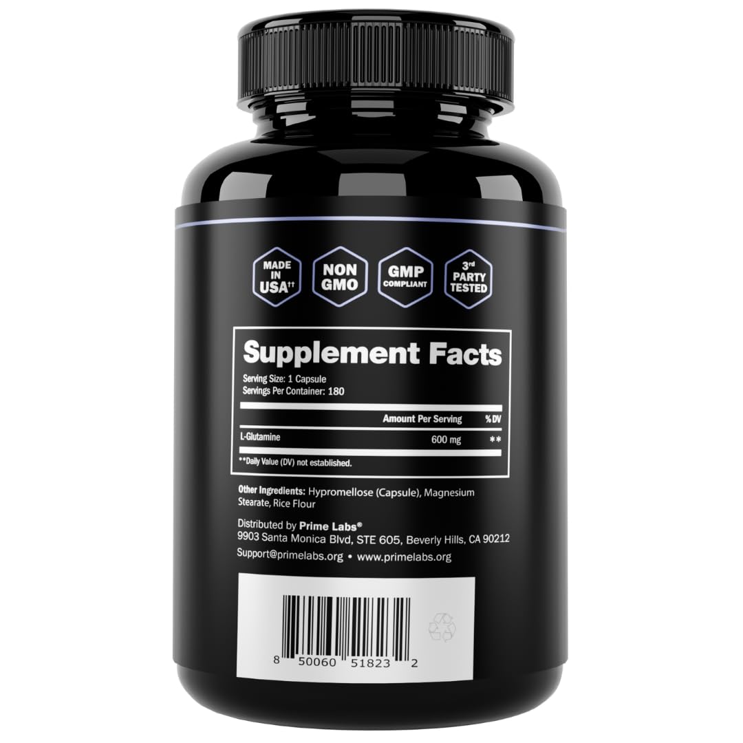 Prime Labs L-Glutamine capsules with workout gear suggesting fitness synergy.