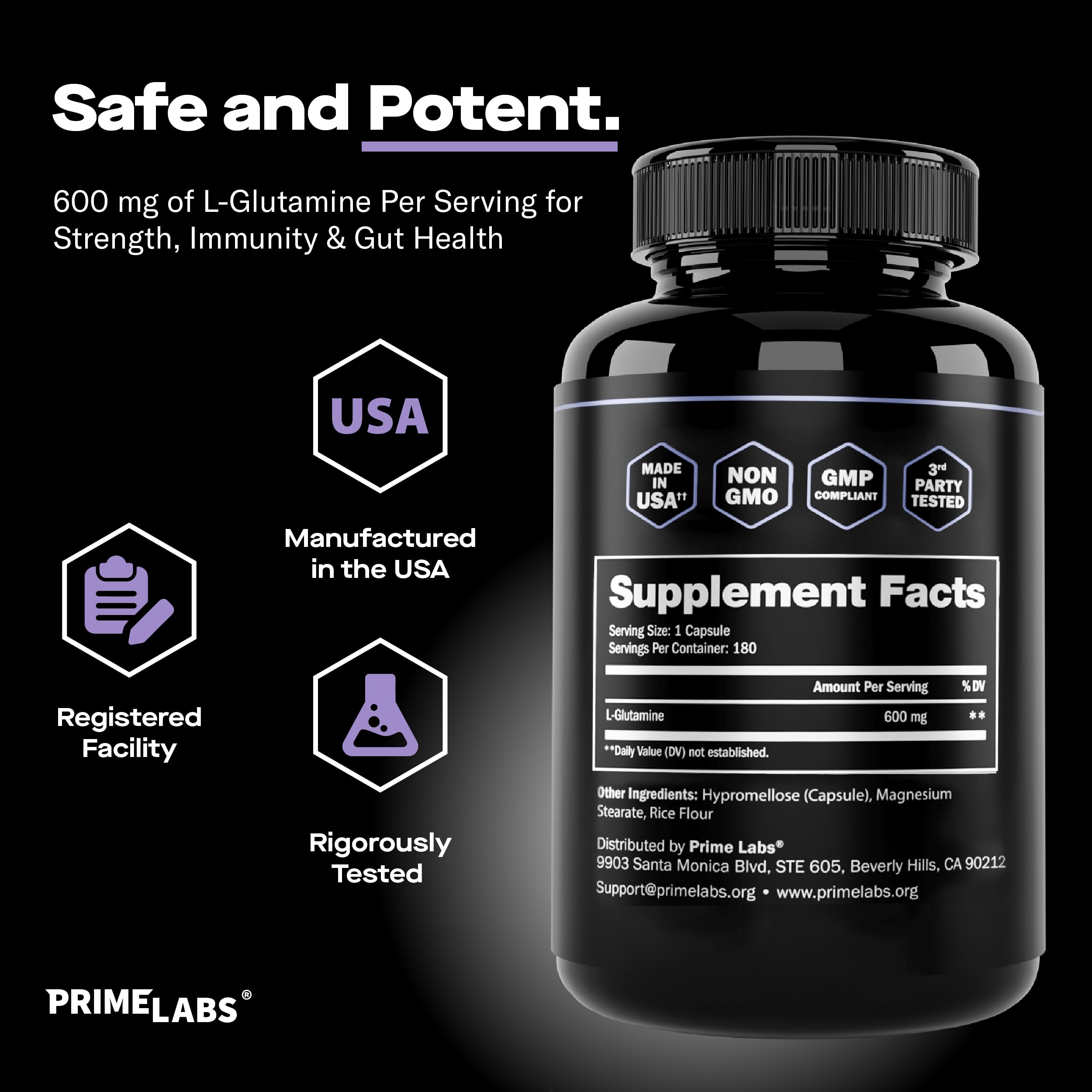 Prime Labs L-Glutamine nutrition panel close-up for ingredient verification.
