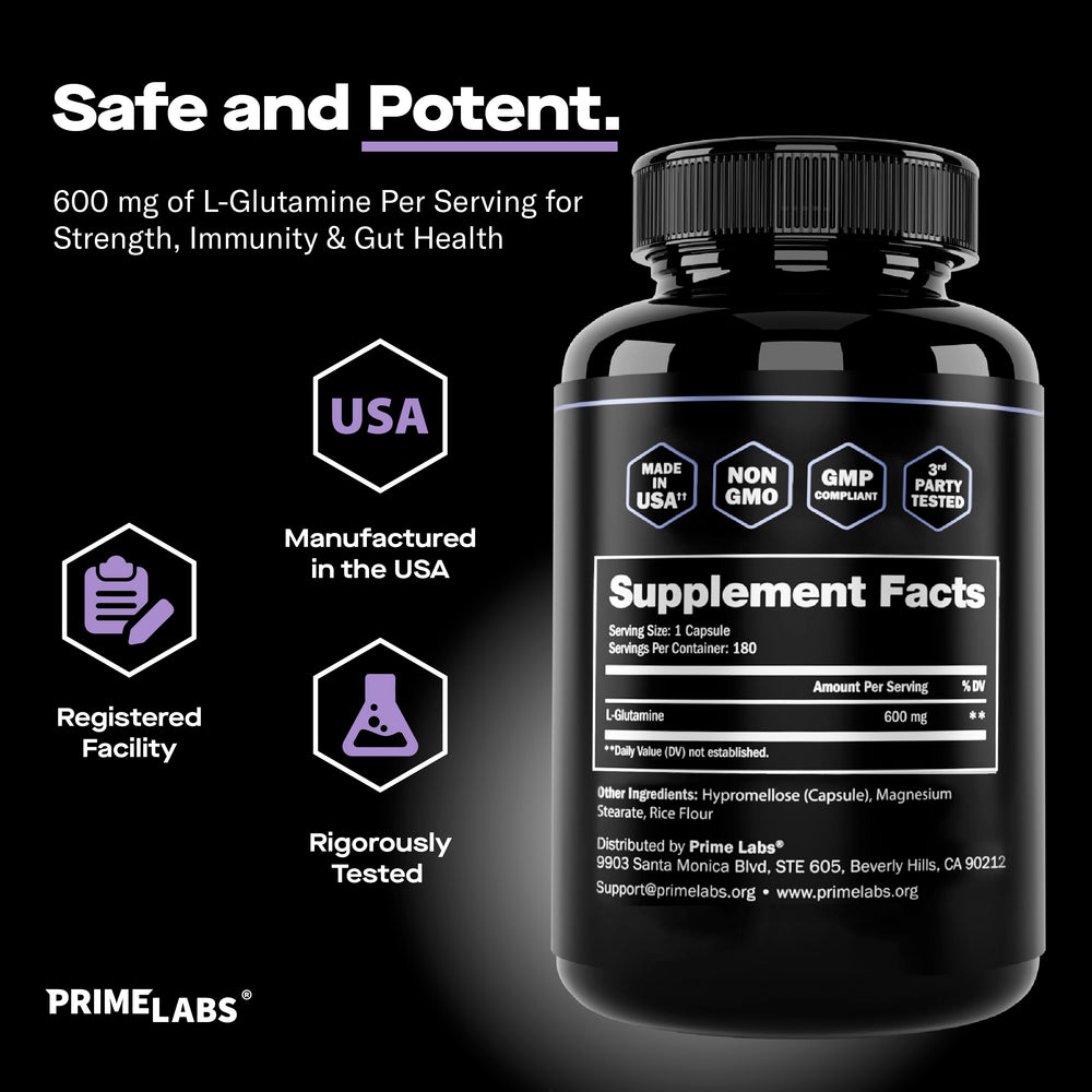 Prime Labs L-Glutamine nutrition panel close-up for ingredient verification.