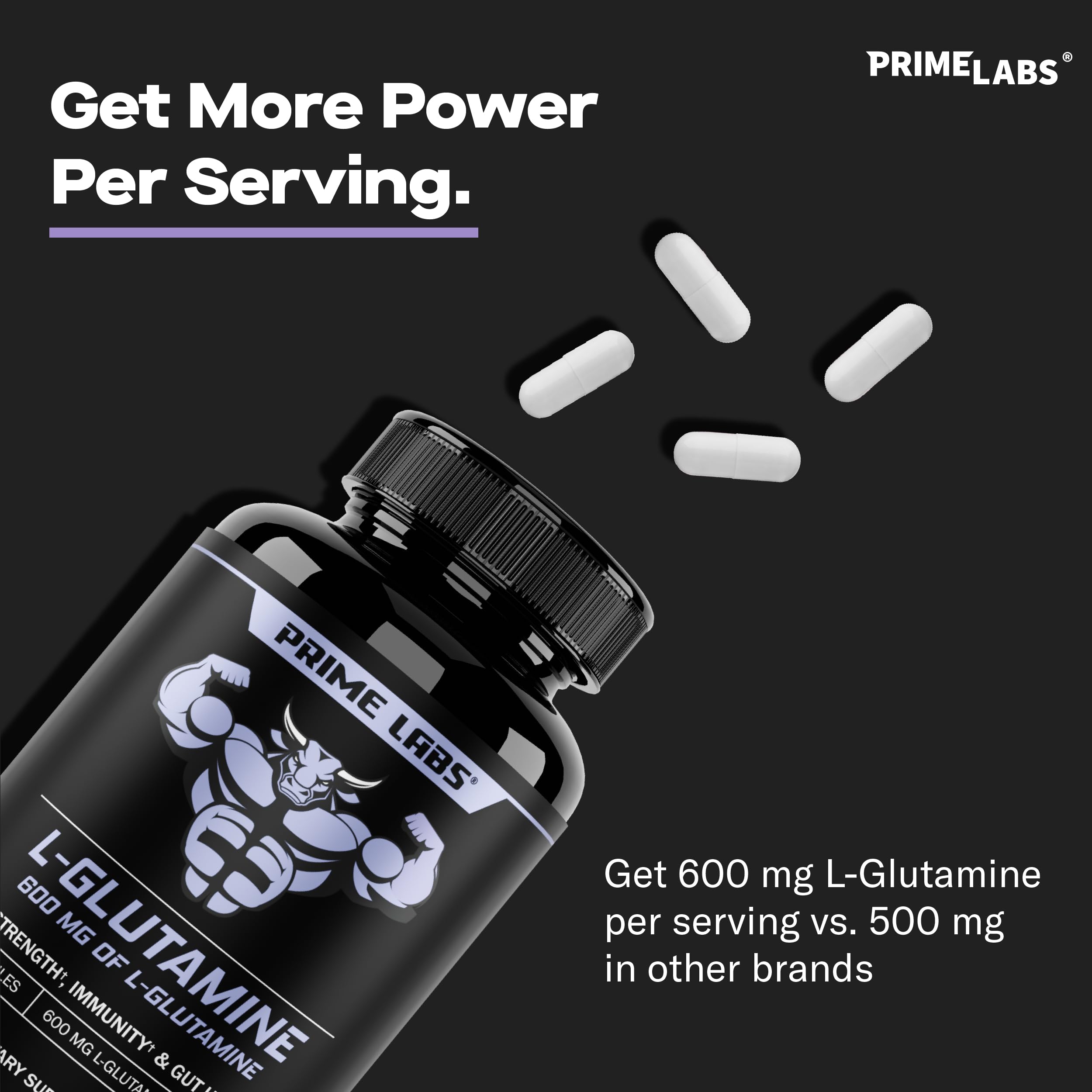 Prime Labs L-Glutamine vegan GMO-free badge indicating clean label.