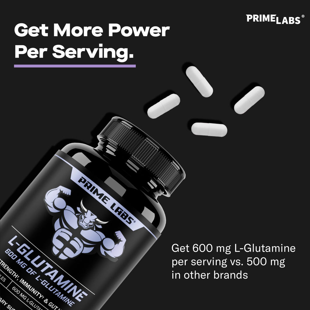 Prime Labs L-Glutamine vegan GMO-free badge indicating clean label.