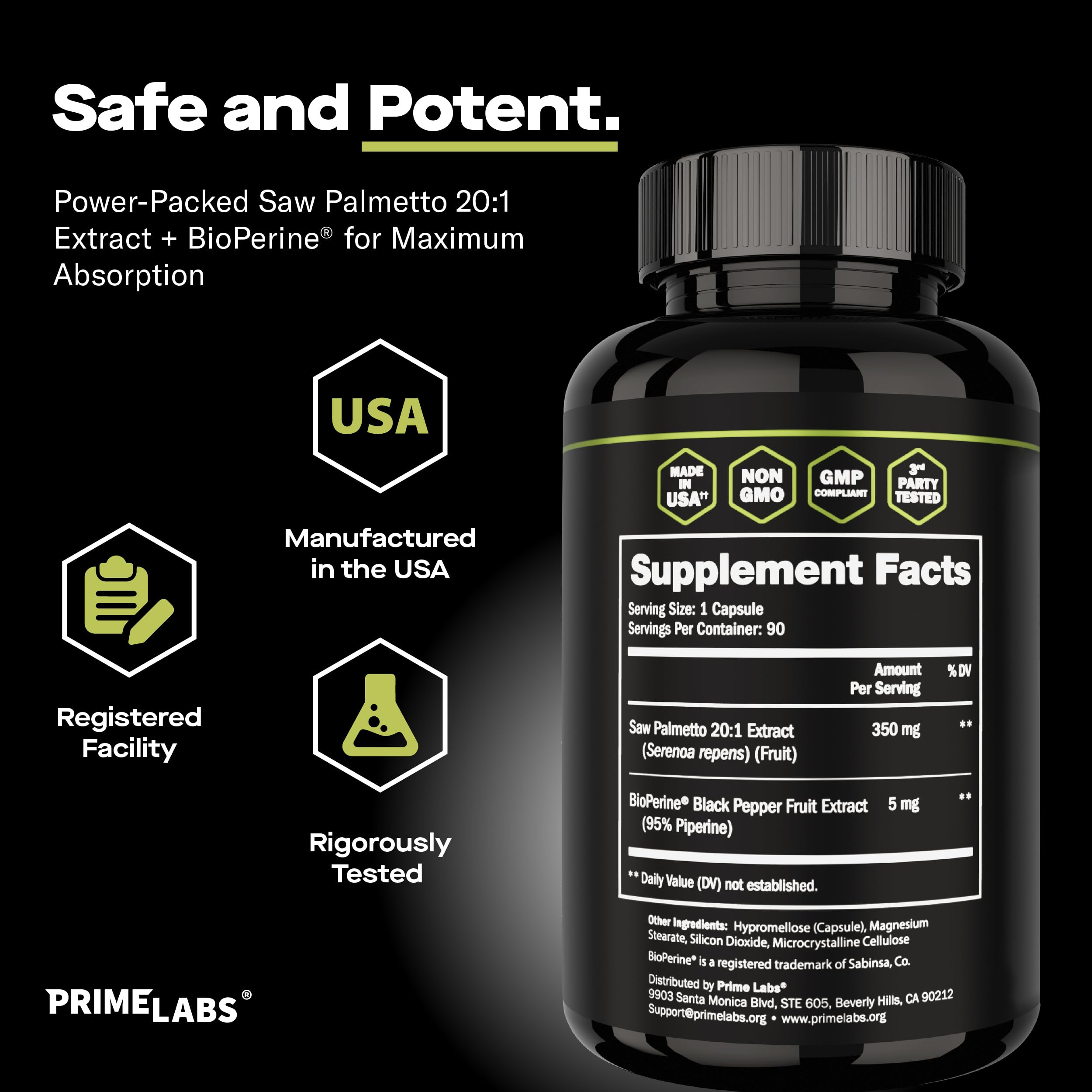 Prime Labs Saw Palmetto with BioPerine suggests enhanced absorption for better results.