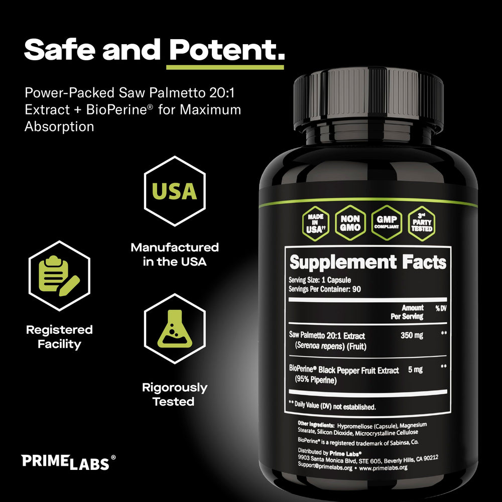 Prime Labs Saw Palmetto with BioPerine suggests enhanced absorption for better results.