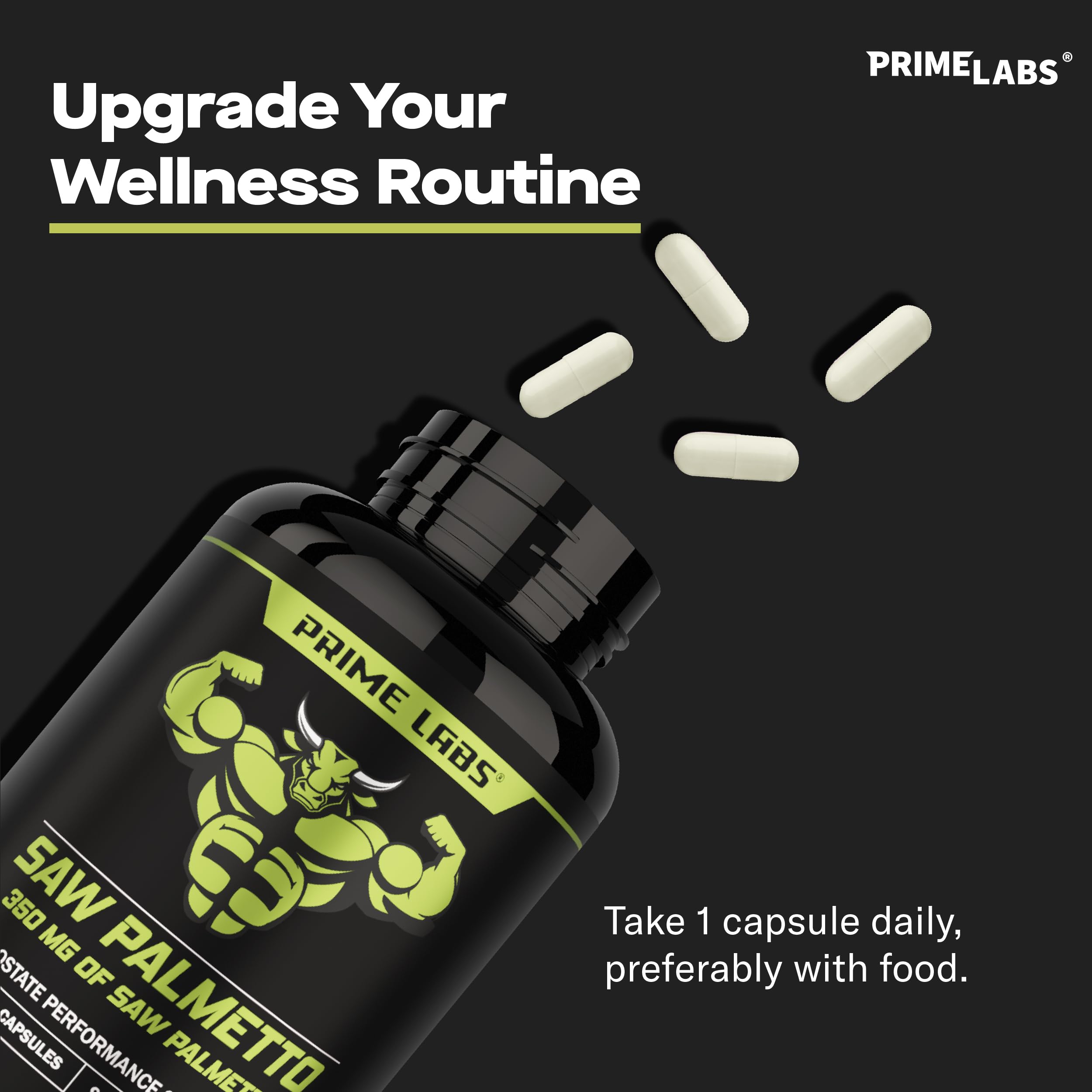Prime Labs Saw Palmetto bottle close-up reveals capsule quality and consistency.