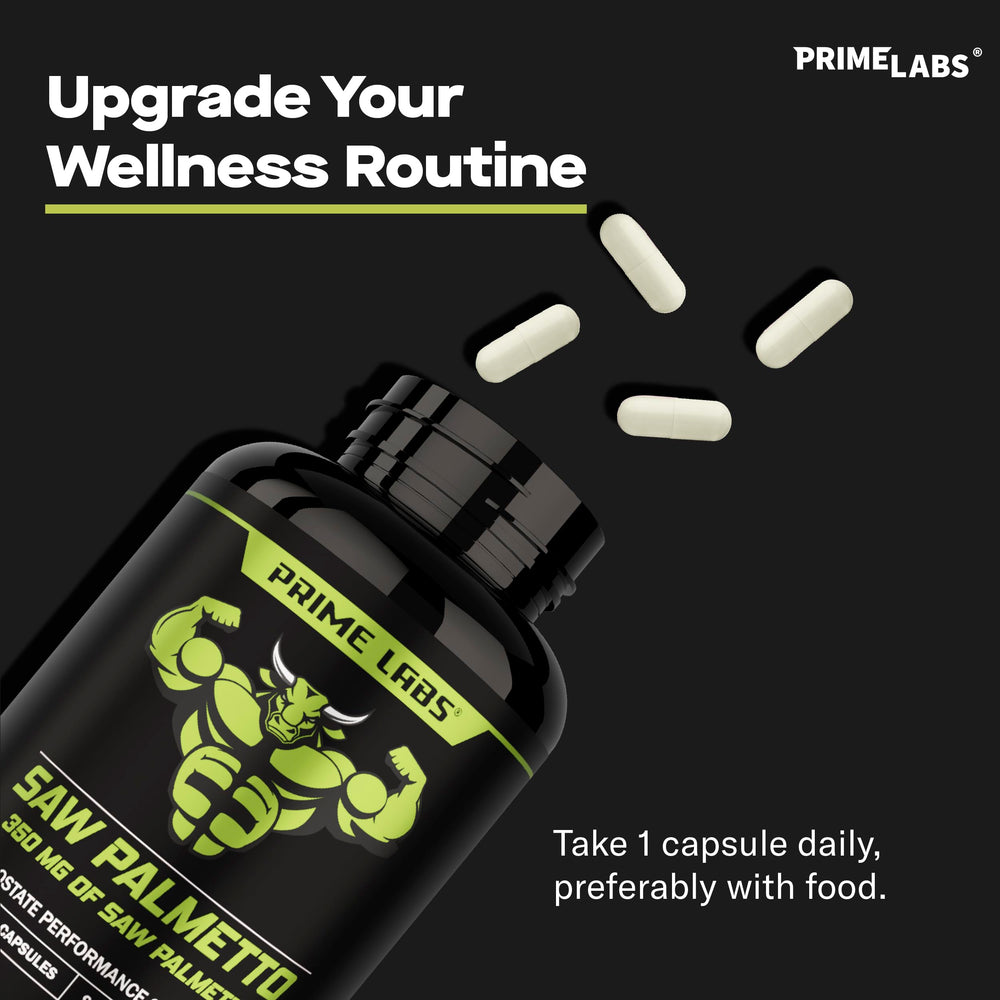 Prime Labs Saw Palmetto bottle close-up reveals capsule quality and consistency.
