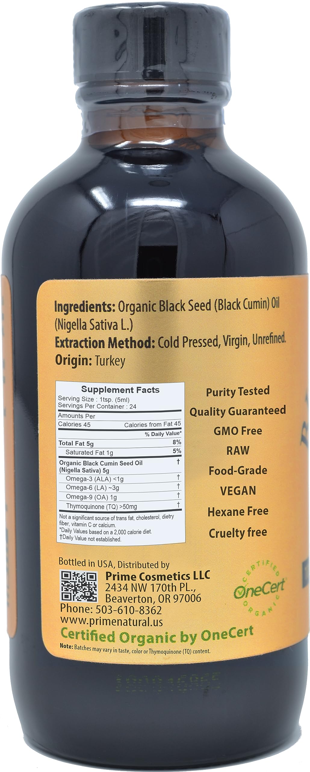 Prime Natural Black Seed Oil amber bottle label highlights organic Turkey origin.