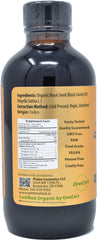 Prime Natural Black Seed Oil amber bottle label highlights organic Turkey origin.
