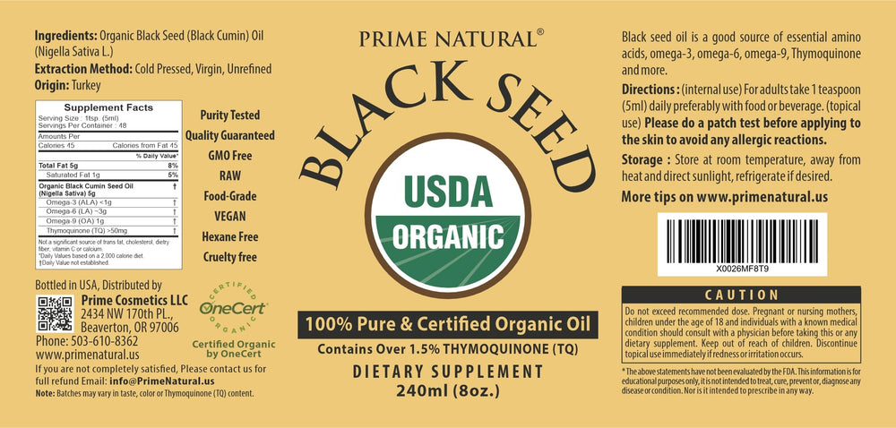 Prime Natural Black Seed Oil nourishes hair and skin with omega-rich care.