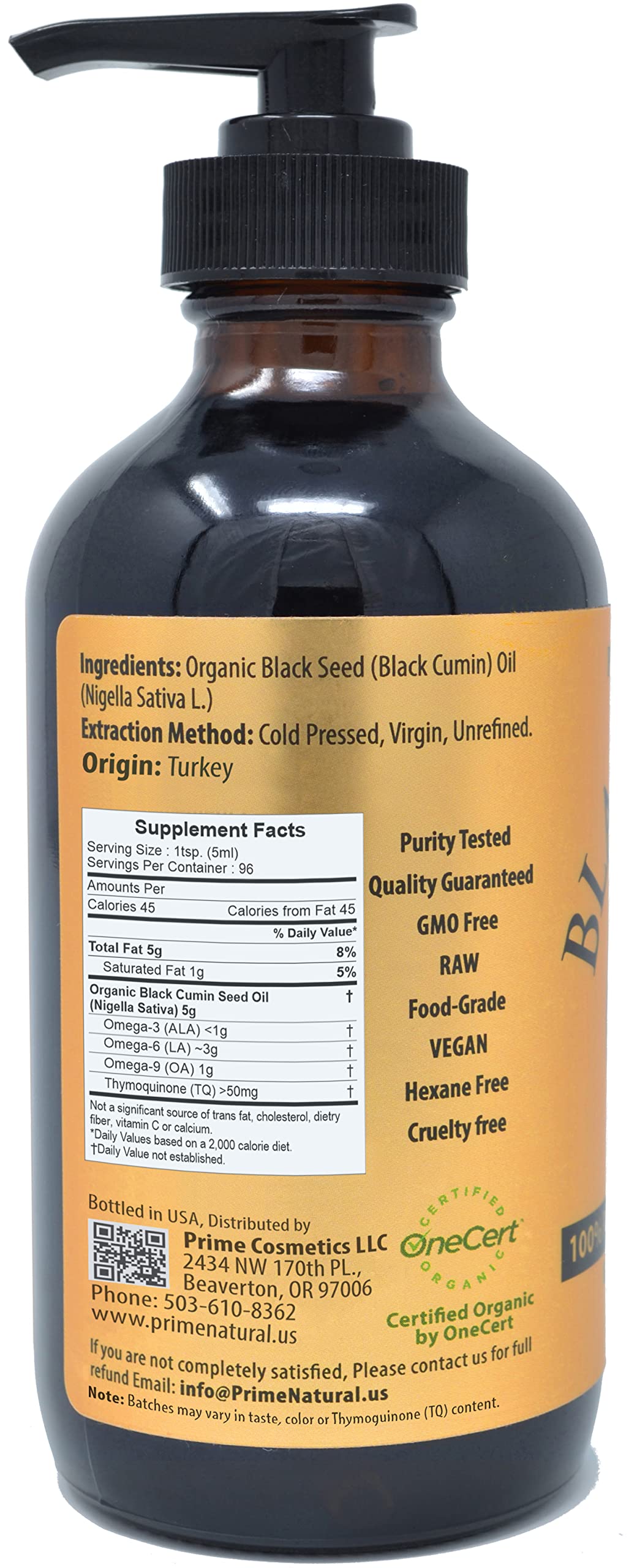 Prime Natural cold-pressed black seed oil bottle pour highlights purity and ease
