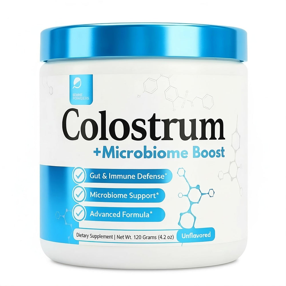 Prime Powders Colostrum Powder bottle indicating potential gut support and high IgG
