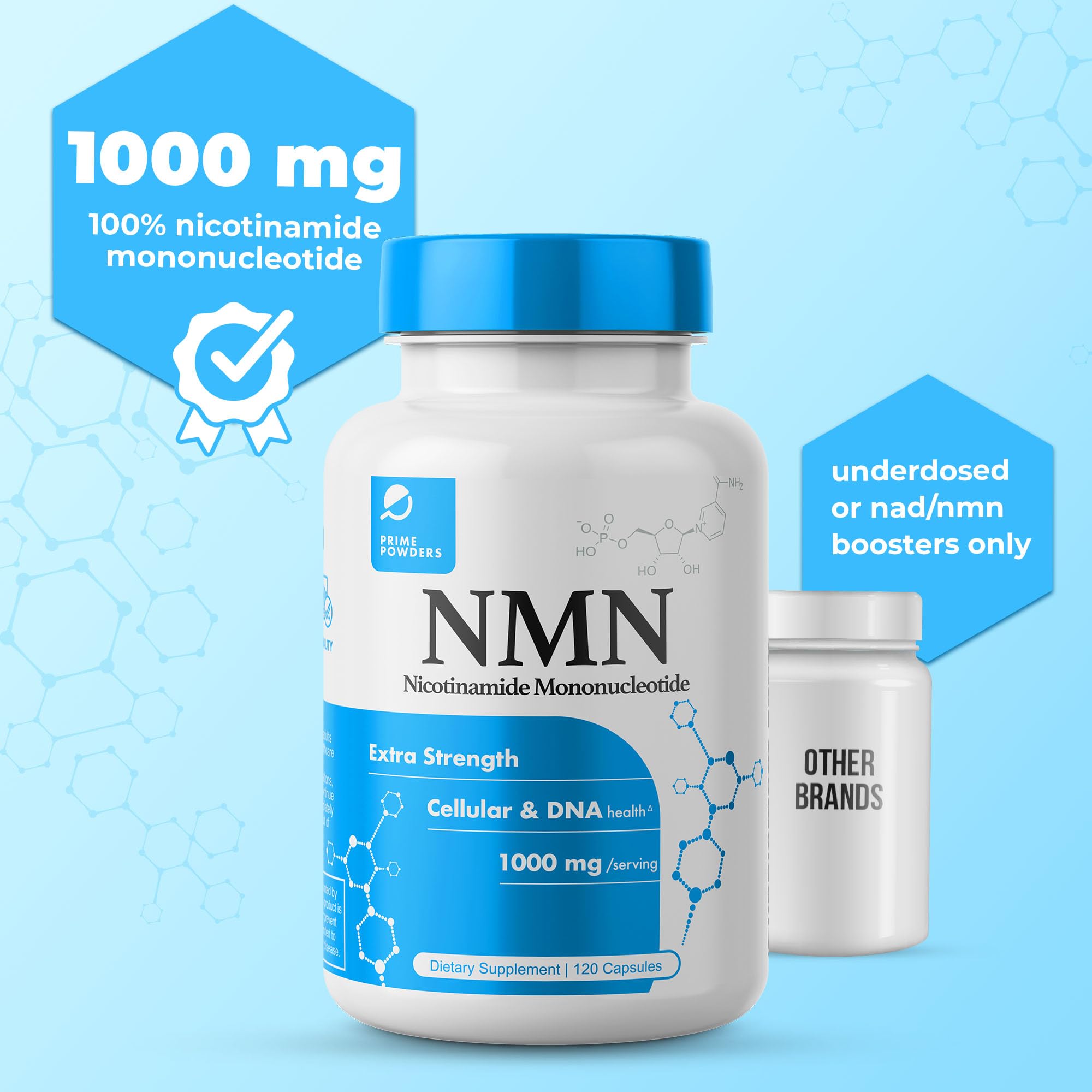 Prime Powders NMN bottle pour illustrating easy, precise daily dosing.