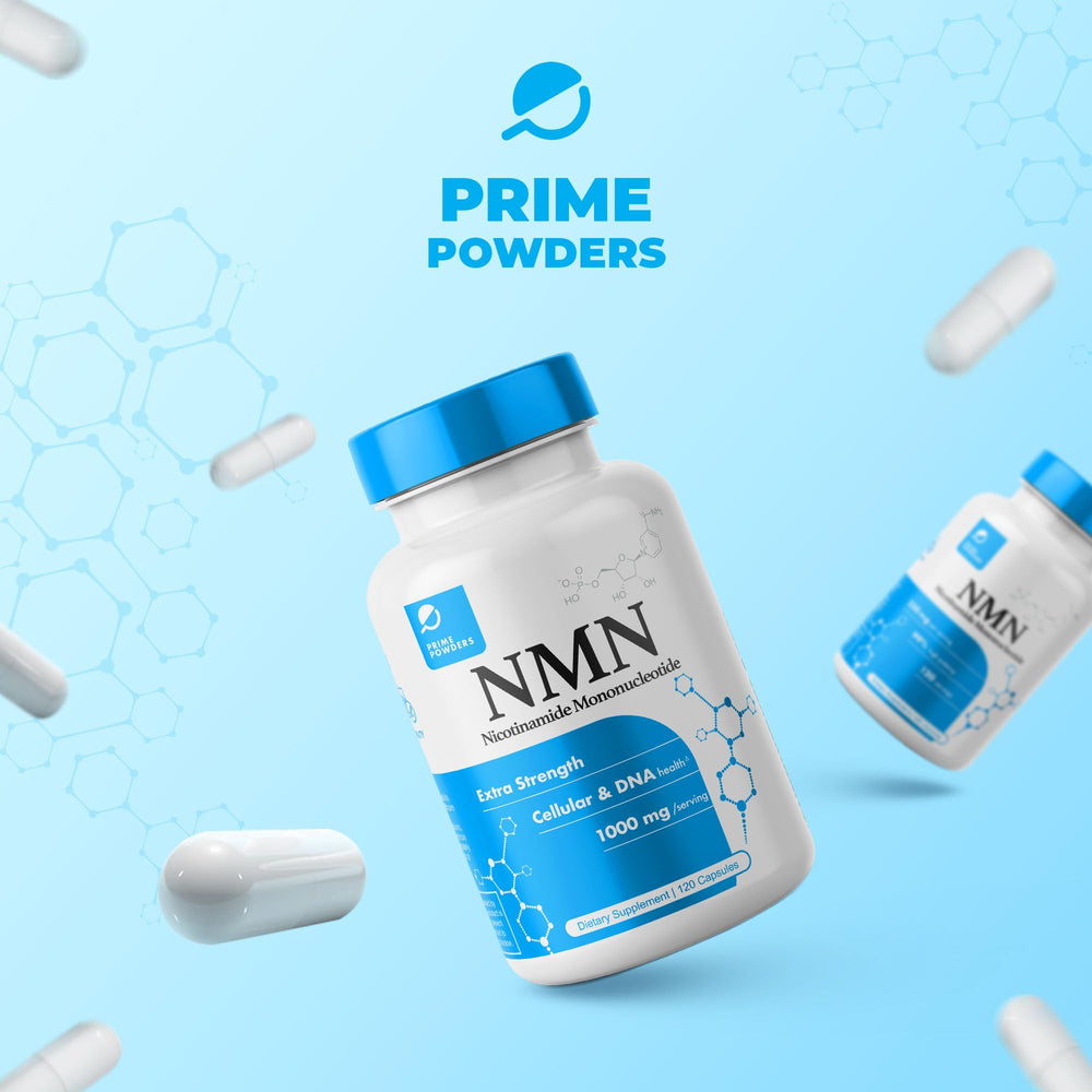 Prime Powders NMN packaging with storage container for shelf-stable routine.