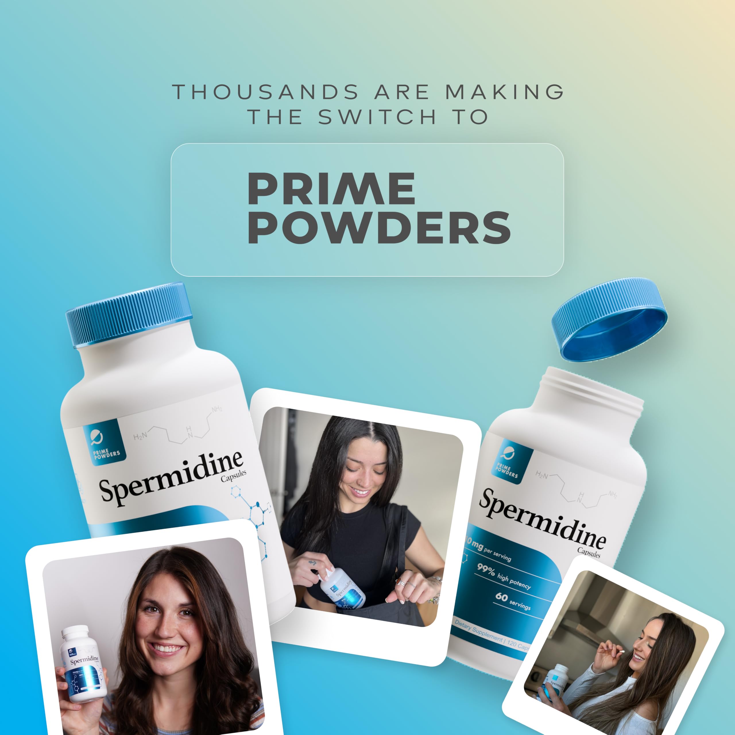 Prime Powders Spermidine packaging displayed beside a glass of water for daily use.