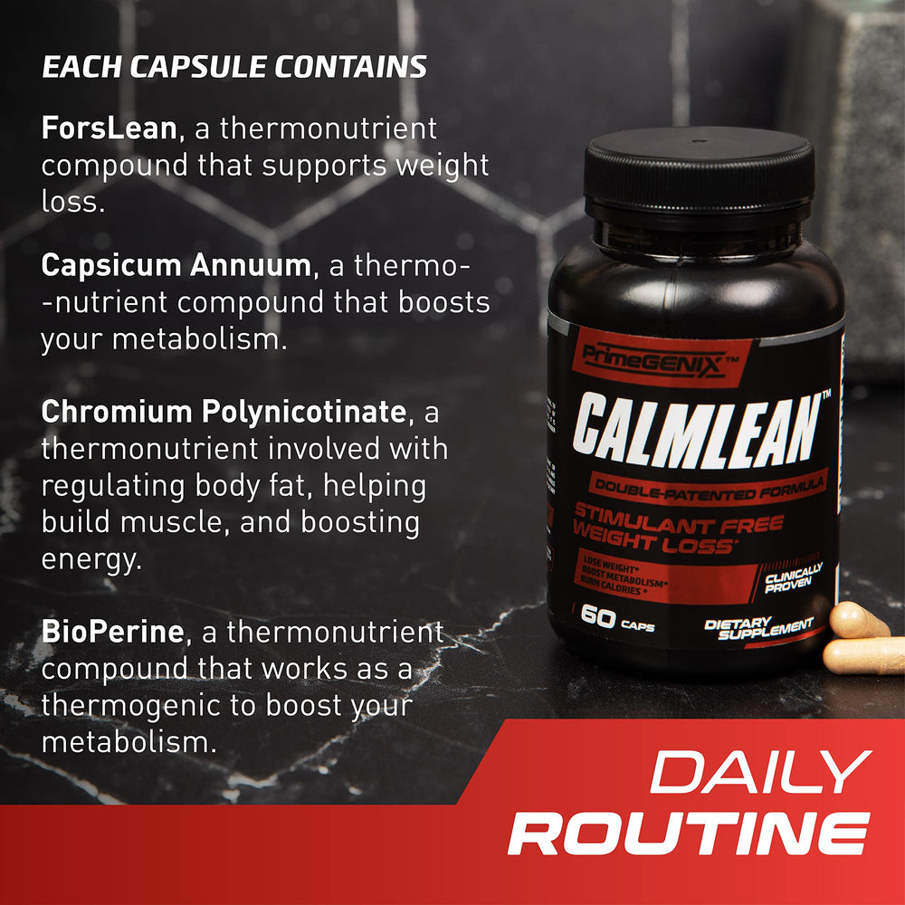 PrimeGENIX CalmLean packaging on nightstand signals convenient use