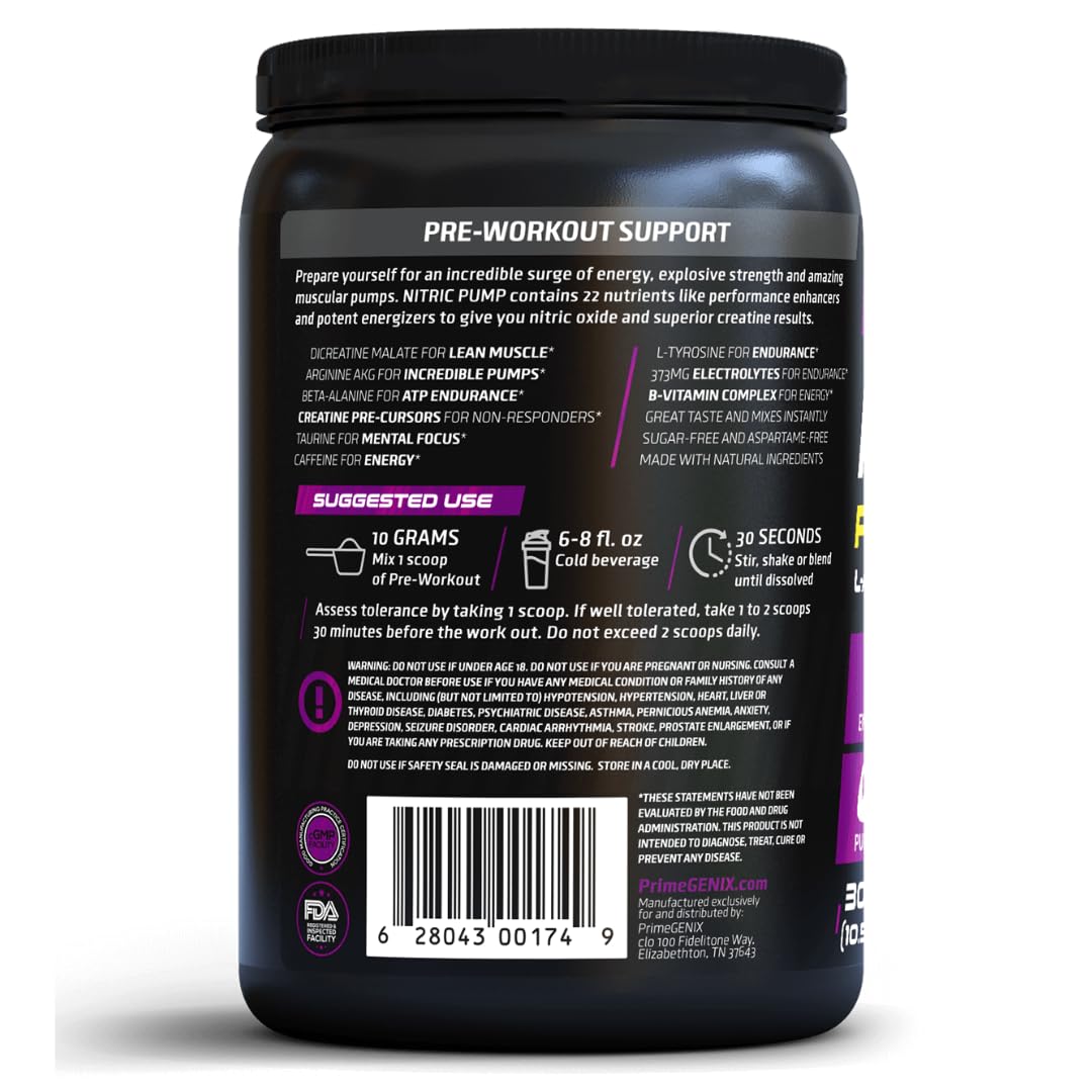 PrimeGENIX Nitric Pump scoop shown, enabling precise dosing for steady energy without jitters.