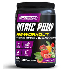 PrimeGENIX Nitric Pump tub with fruit punch flavor, delivering clean energy and focus during workouts.