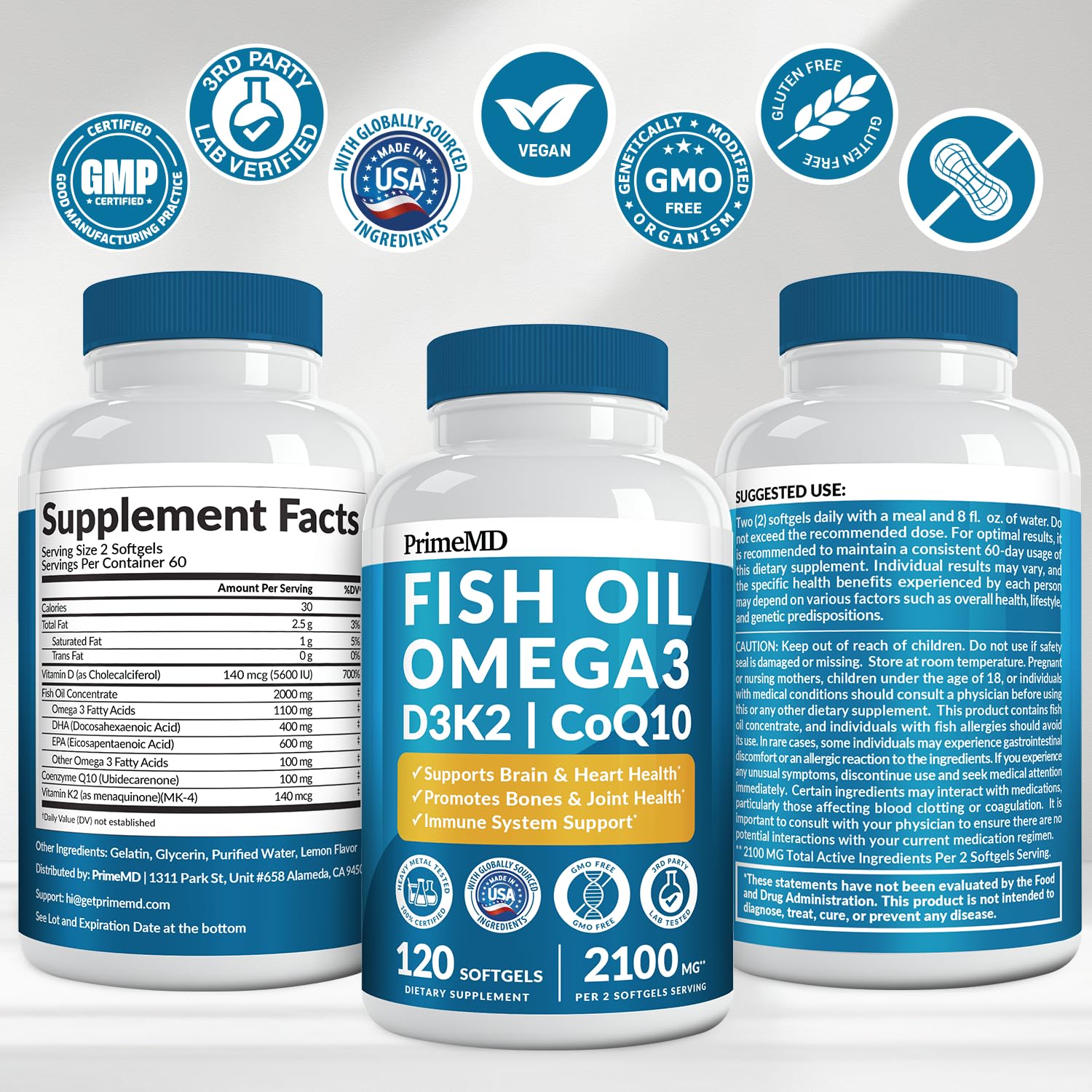 PrimeMD 120-count bottle resting on a kitchen counter for daily use.