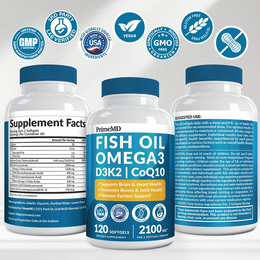PrimeMD 120-count bottle resting on a kitchen counter for daily use.