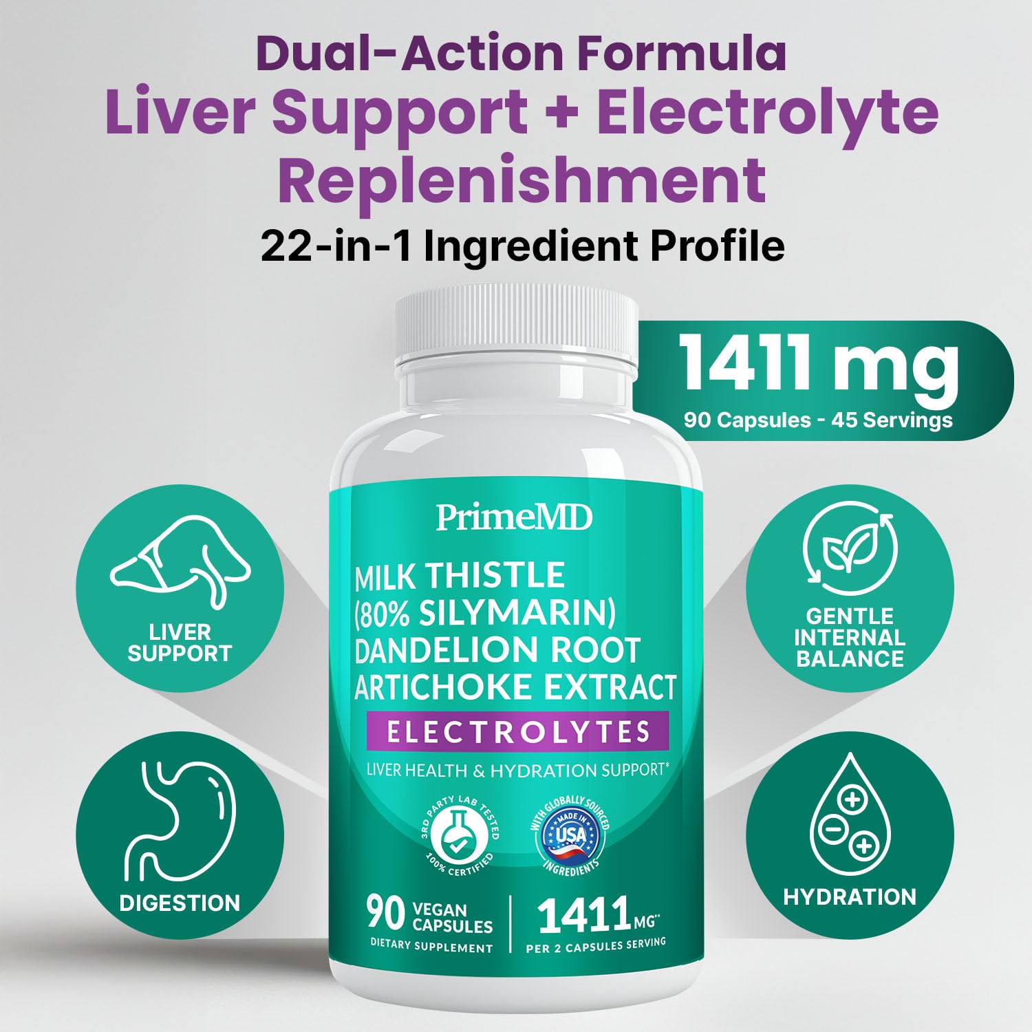 PrimeMD liver support capsules close-up showing compact vegan capsules ready to take
