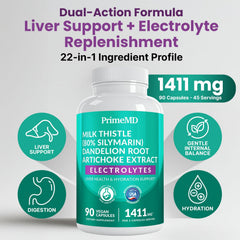 PrimeMD liver support capsules close-up showing compact vegan capsules ready to take