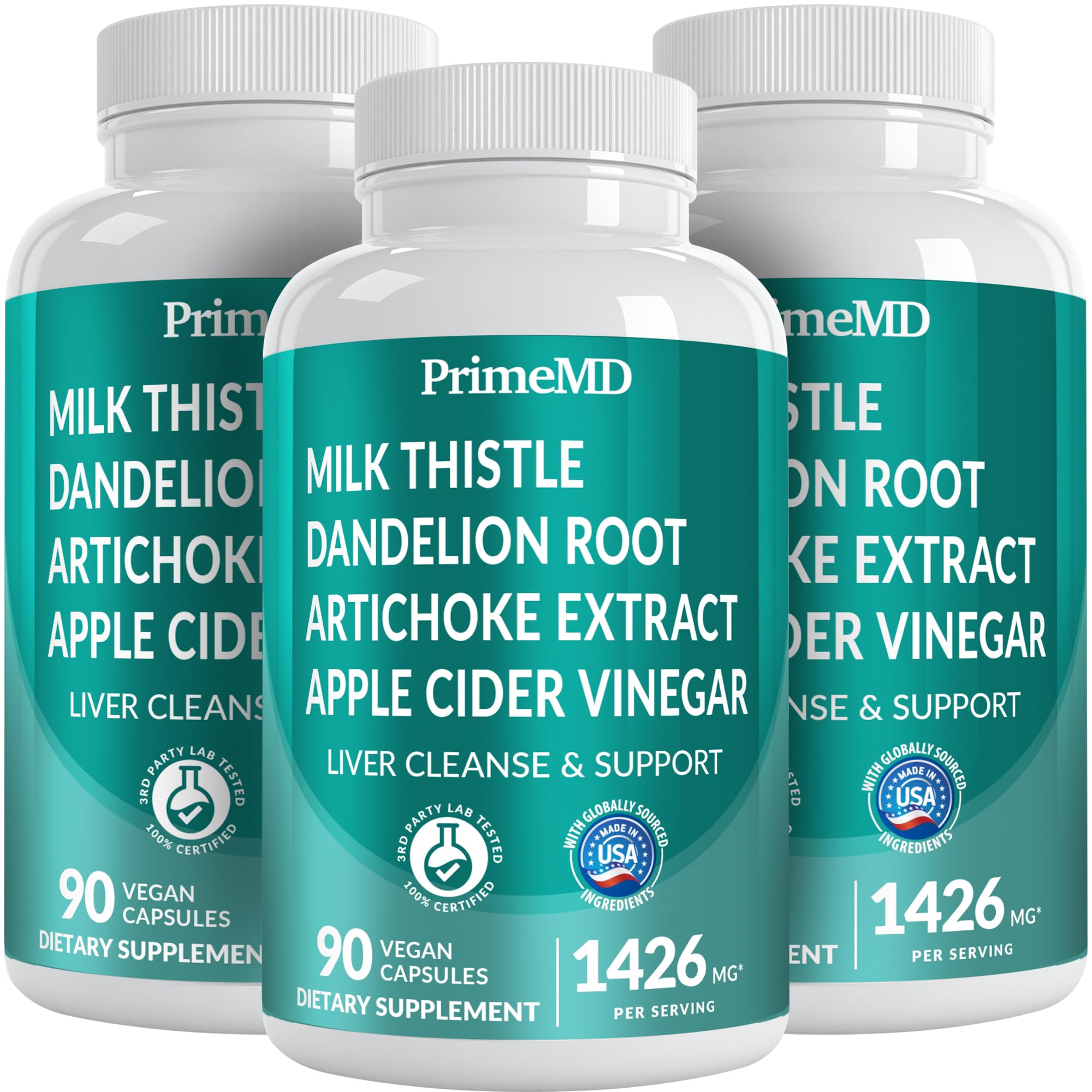 PrimeMD 32-in-1 liver support bottle displaying capsules for daily liver cleansing and enzyme balance.