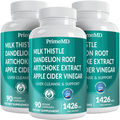 PrimeMD 32-in-1 liver support bottle displaying capsules for daily liver cleansing and enzyme balance.
