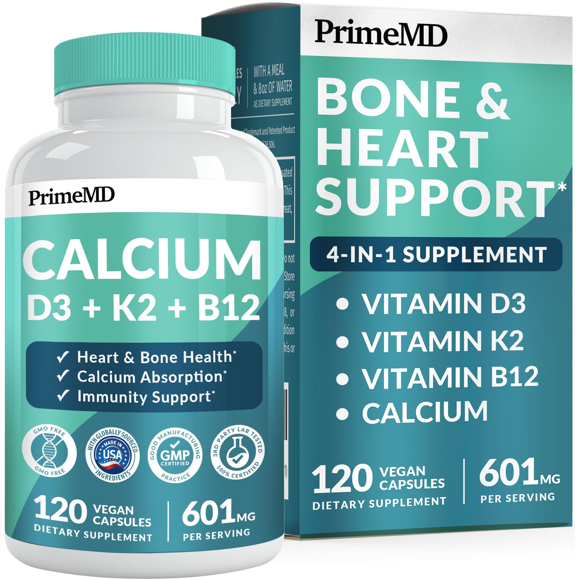 PrimeMD 4-in-1 calcium bottle front highlights vegan, gluten-free daily support.