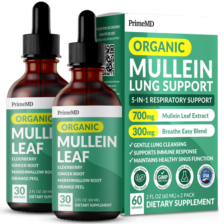 PrimeMD 5-in-1 Mullein Drops bottle ready for daily respiratory support