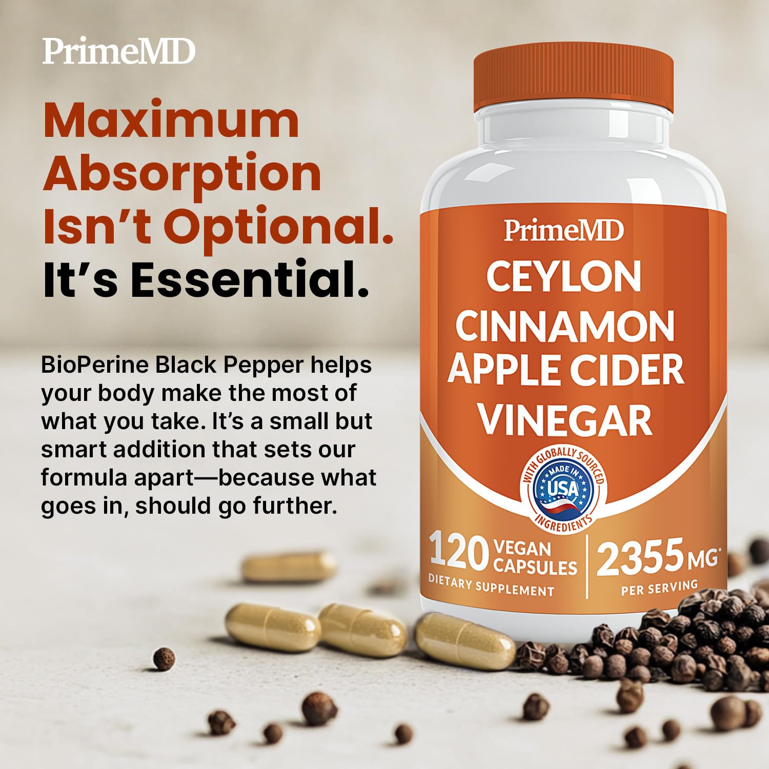 PrimeMD 5-in-1 Cinnamon ingredients scene featuring vinegar and turmeric.