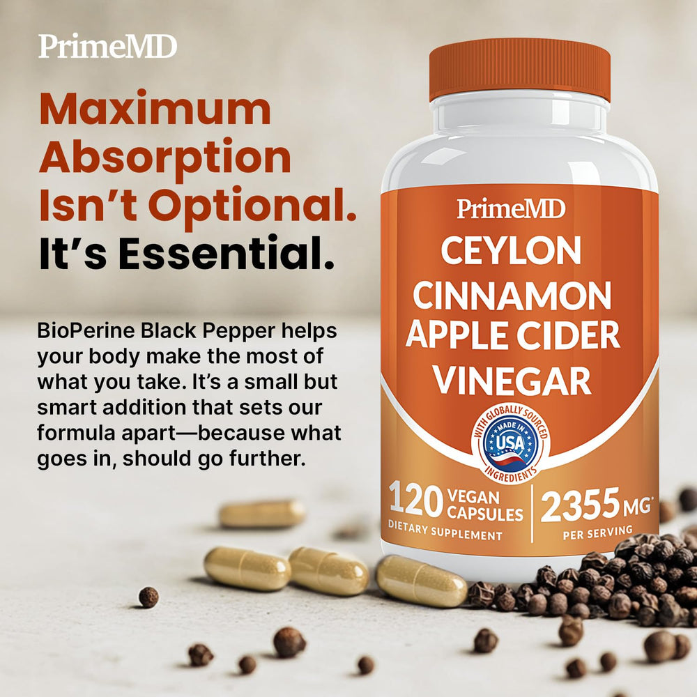 PrimeMD 5-in-1 Cinnamon ingredients scene featuring vinegar and turmeric.