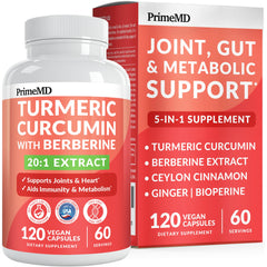 PrimeMD 5-in-1 turmeric curcumin bottle front supports joint comfort and metabolic balance.